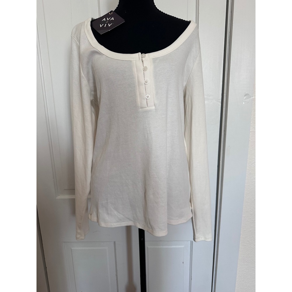 Ava & Viv Womens XXL Cream Ribbed Knit Long Sleeve Henley Top Cotton Modal